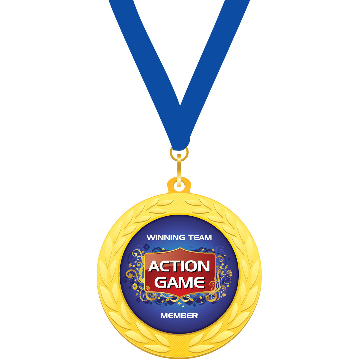 Custom 2 in. Gold Medallion with Blue Neck Ribbon (Action Game - Winning Team)