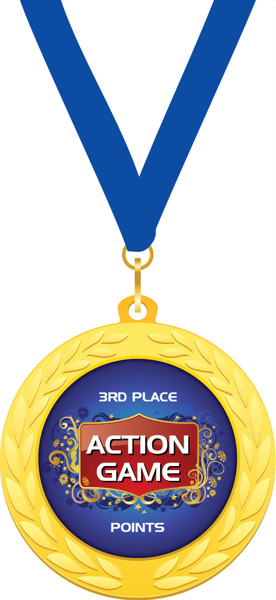 Custom 2 in. Gold Medallion with Blue Neck Ribbon (Action Game - 3rd Place)